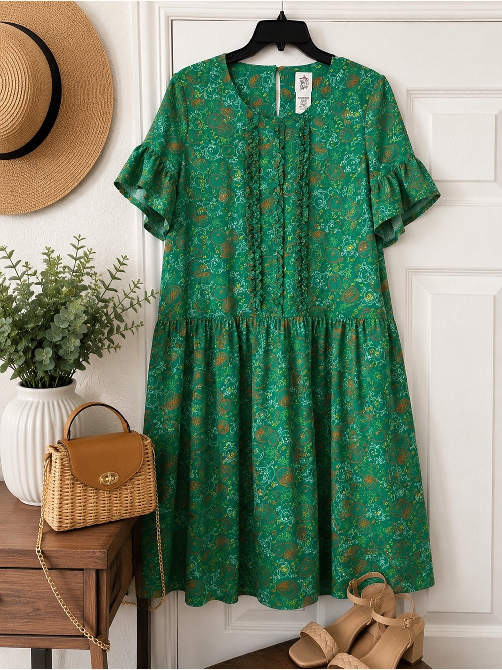 Disney Green Floral Ruffle-Sleeve Midi Dress with Gold Accents The Dress Shop